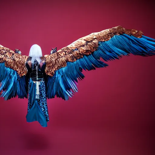 Image similar to eagle with ironed feather wings, cyberpunk, 4 k, bouquet cinema effect,