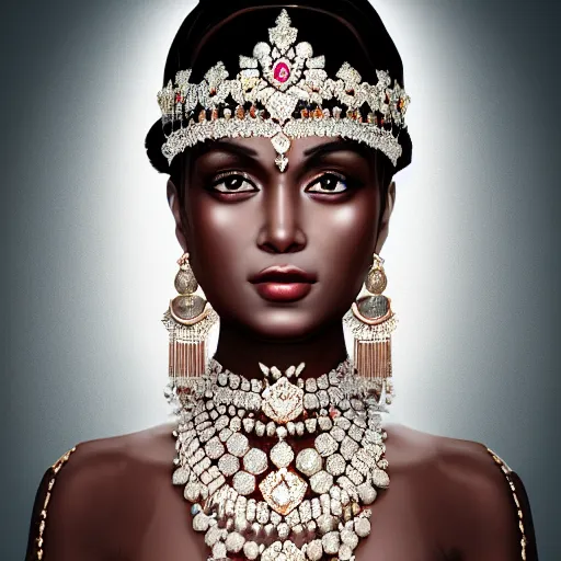 Image similar to portrait of wonderful indian princess of diamond with dark skin, ornate with diamonds, 8 k, gorgeous, intricate, detailed, glowing white accent lighting, dramatic lighting, octane render