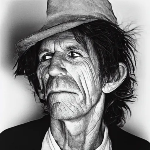 Prompt: photo of Keith Richards by Diane Arbus, black and white, high contrast, Rolleiflex, 55mm f/4 lens