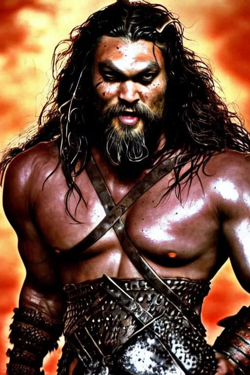 Image similar to closeup portrait of jason momoa conan the barbarian thor fighting zombies on a post apocalyptic battlefield, wearing royal crimson fantasy ornate spartan dragon scale armor, volumetric lighting, wet skin and windblown hair, muscular!!!, battle action pose, frank frazetta, boris vallejo, greg rutkowski cinematic light, frank miller, ridley scott, high contrast