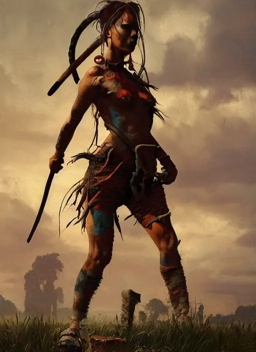 Prompt: hyper realistic painting of prehistoric punk warrior girl, full body, rule of thirds, conceptart, saturated colors, cinematic, greg rutkowski, brom, james gurney, mignola, craig mullins, alan lee