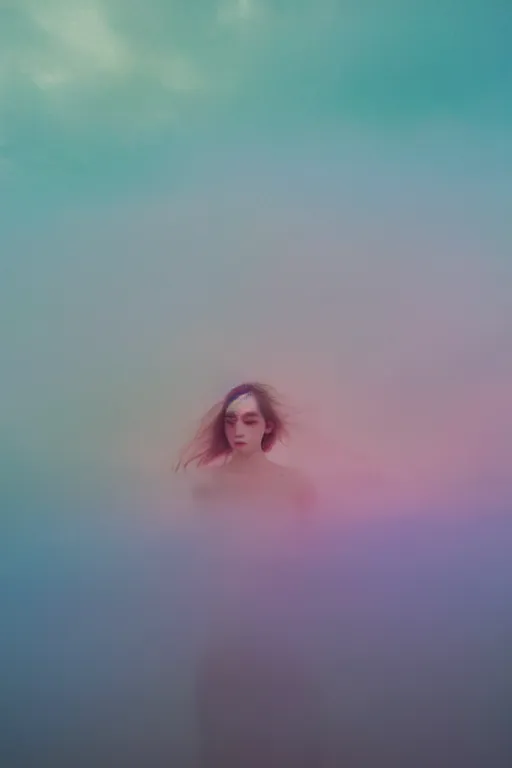 Image similar to high quality pastel coloured film close up wide angle photograph of a model wearing clothing swimming on cloud furniture in a icelandic black rock!! environment in a partially haze filled dreamstate world. three point light, rainbow. photographic production. art directed. pastel colours. volumetric clouds. pastel gradient overlay. waves glitch artefacts. extreme facial clarity. 8 k. filmic.