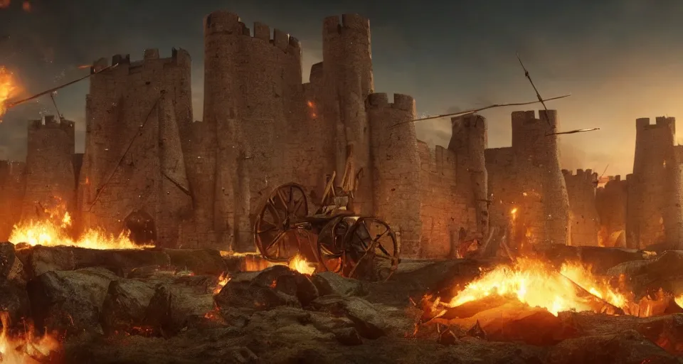 Image similar to five giant and powerful medieval trebuchets in the front, fireing on a medieval fortress far away, destroying the walls, fire and explosion, debris flying around, octane render, unreal engine