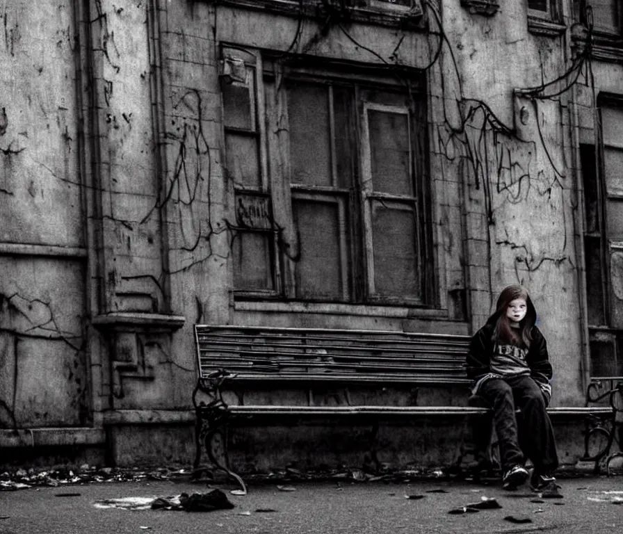 Image similar to mid shot of sadie sink in hoodie sits on bench in ruined square, pedestrians walk by | steampunk tenement windows in background : storyboard, scifi cyberpunk. by gabriel hardman. cinematic atmosphere, detailed and intricate, perfect anatomy