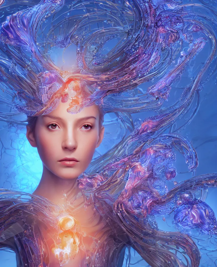 Image similar to close-up macro portrait of the face of a beautiful princess, epic angle and pose, symmetrical artwork, 3d with depth of field, blurred background, cybernetic jellyfish female face skull phoenix bird, translucent, nautilus, energy flows of water and fire. a highly detailed epic cinematic concept art CG render. made in Maya, Blender and Photoshop, octane render, excellent composition, cinematic dystopian brutalist atmosphere, dynamic dramatic cinematic lighting, aesthetic, very inspirational, arthouse. y Greg Rutkowski, Ilya Kuvshinov, WLOP, Stanley Artgerm Lau, Ruan Jia and Fenghua Zhong