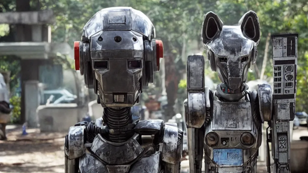 Image similar to film still from the movie chappie of the robot chappie outdoor scene furry anthro anthropomorphic stylized wolf dog canine ears head android service droid robot machine fursona