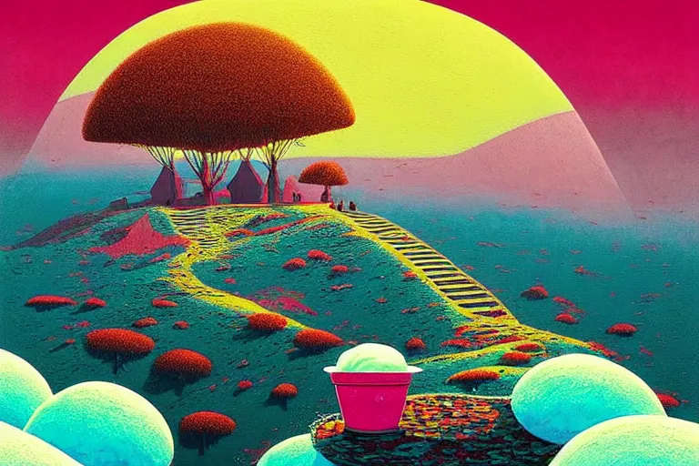 Image similar to surreal glimpse into other universe, himalaya with snow ice cream, summer morning, very coherent and colorful high contrast, art by!!!! gediminas pranckevicius!!!!, geof darrow, floralpunk screen printing woodblock, dark shadows, hard lighting, stipple brush technique,