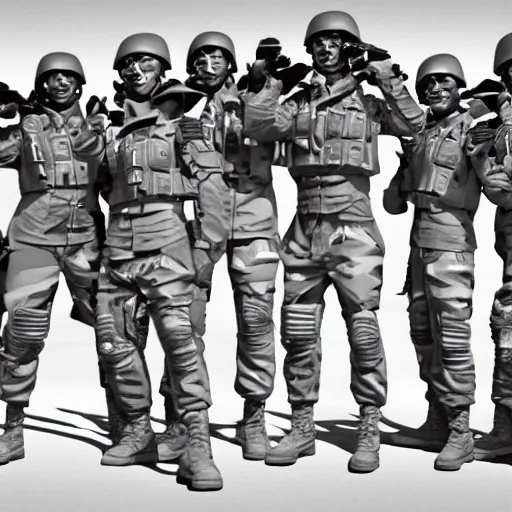 Image similar to a squad of futuristic soldiers posing for a group photo in a spaceship