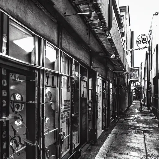 Prompt: downtown alleyway with watch repair shop in cyberpunk city, photograph, dark, ominous