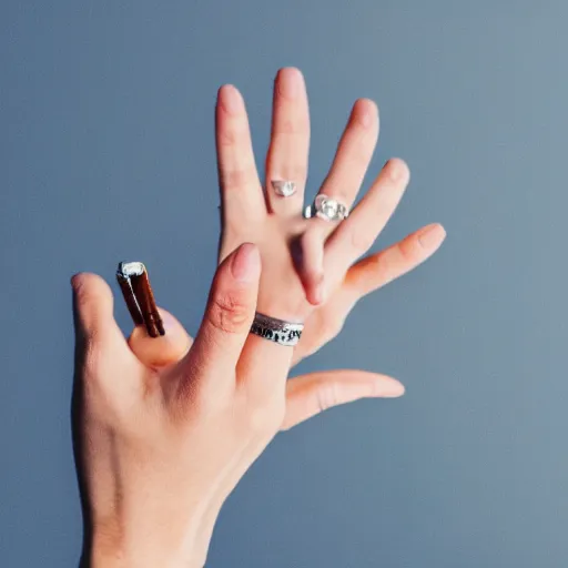 Image similar to a normal female hand with a five fingers and ring and a cigarette between the middle and index fingers
