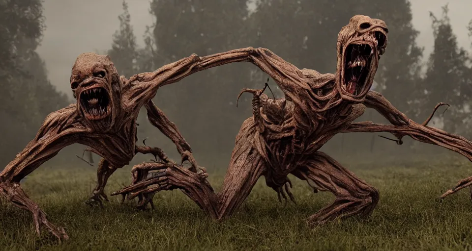 Prompt: still from a horror movie of grotesque alien monster lunging towards the camera, highly detailed, horror movie scene, unreal engine, octane render, natural light outside