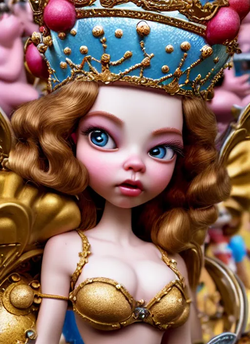 Image similar to highly detailed closeup, face profile portrait of a tin toy fairytale princess wearing a crown eating cakes, bikini, unreal engine, nicoletta ceccoli, mark ryden, earl norem, lostfish, global illumination, detailed and intricate environment