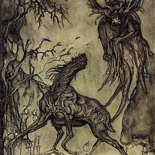 Prompt: illustration of a mythical beast by Arthur Rackham