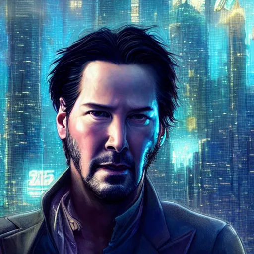 Prompt: closeup of Keanu Reeves in a cyberpunk city, film still, D&D, fantasy, intricate, elegant, highly detailed, digital painting, artstation, concept art, matte, sharp focus, illustration, hearthstone, art by Artgerm and Greg Rutkowski and Alphonse Mucha