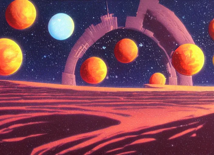 Prompt: 1 9 8 0 s science fiction anime background painting of a desert alien planet