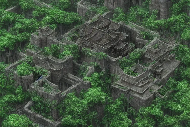 Image similar to giant ancient chinese castle in an forest with some ivy plants on the walls, by zhang zeduan, qiu ying, tang yin, cinematic, epic, dramatic lighting from above, dark, vines, fantasy, dust, unreal engine, octane, highly detailed, concept art, dark, super realistic