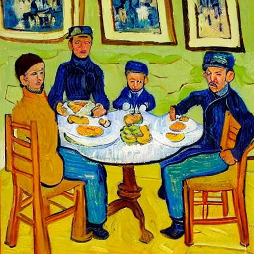 Prompt: a family sitting in a georgian restaurant eating georgian food, in the style of van gogh