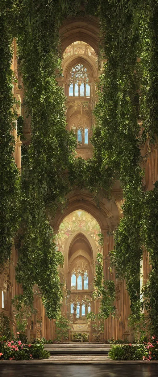 Image similar to beautiful cathedral interior with koi pond in the middle surrounded by palm trees, ivy, flowers, tropical plants, roses, and with archways, rendered in octane render with photorealistic volumetric lighting, cinematic,!! horizontal symmetry!!!, symmetrical, a flemish baroque by thomas cole, sanctuary, unsplash contest winner, maximalism, sanctuary