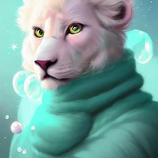 Image similar to aesthetic portrait commission of a albino male furry anthro lion cub popping floating bubbles while wearing a cute mint colored cozy soft pastel winter outfit, winter Atmosphere. Character design by charlie bowater, ross tran, artgerm, and makoto shinkai, detailed, inked, western comic book art, 2021 award winning painting