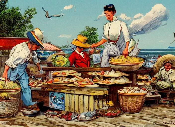 Prompt: storybook illustration of crab sellers, 1 9 5 0 s americana tourism, designed by jean baptiste monge but in lowbrow pop art style, high resolution, fine details, muted colors