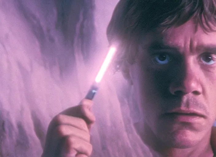 Image similar to detailed protrait photo of Luke skywalker uncovering the ancient jedi texts. a pink hazy ethereal cave from indiana jones, screenshot from the 1985 film, Photographed with Leica Summilux-M 24 mm lens, ISO 100, f/8, Portra 400
