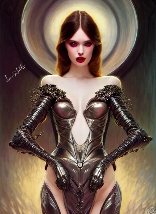 Prompt: glamorous witch, seductive eyes and face, elegant, lascivious pose, very detailed face, studio lighting, photorealism, wearing futuristic armor , portrait by Magali Villeneuve and Steve Argyle,Livia Prima,Mucha,dress,fantasy art,beautiful,artstation,trending on artstation,intricate details,alluring,masterpiece