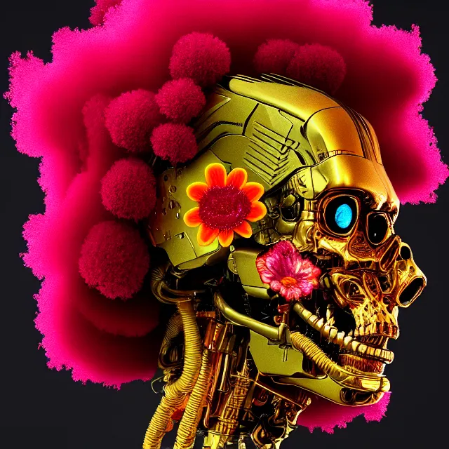 Image similar to portrait of the terminator with a a flower afro made out of various flowers, eating flowers, dramatic cinematic lighting, bold colors, 8 k, beautiful intricate painting, hyper realistic, octane render