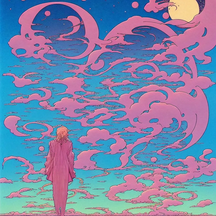Image similar to ( ( ( ( beautiful starring sky and cloud with decorative frame design ) ) ) ) by mœbius!!!!!!!!!!!!!!!!!!!!!!!!!!!, overdetailed art, colorful, cd jacket design