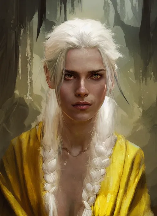 Image similar to a beautiful detailed painting of a gypsy sorcerer in colorful robes, pale skin, white hair, yellow eyes, master of dreams art by jon foster trending on artstation painted by greg rutkowski, painted by stanley artgerm