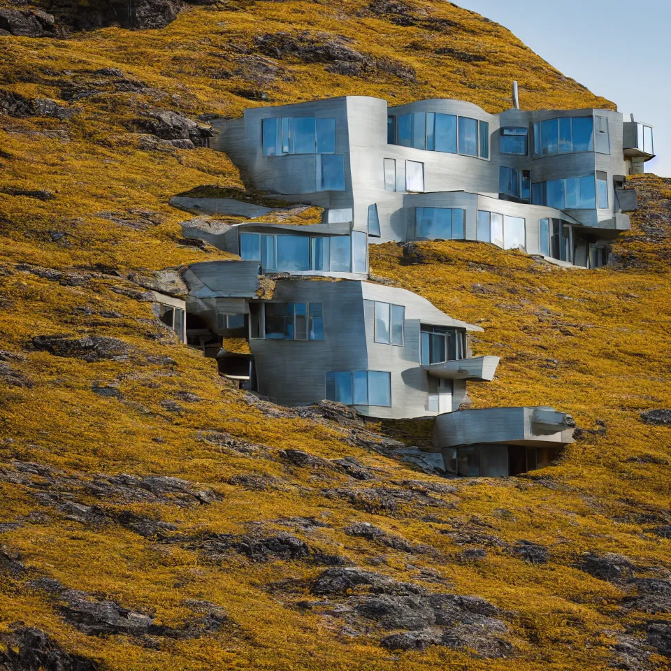 Prompt: a mid-century modern house on top of a cliff in the arctic, designed by Frank Gehry, with a long pathway toward it. Big tiles. Film grain, cinematic, yellow hue