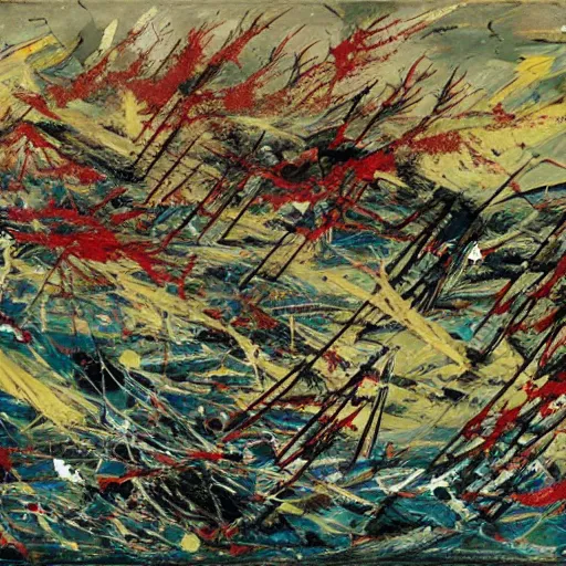 Image similar to battle of cape ecnomus, in the style of jackson pollock