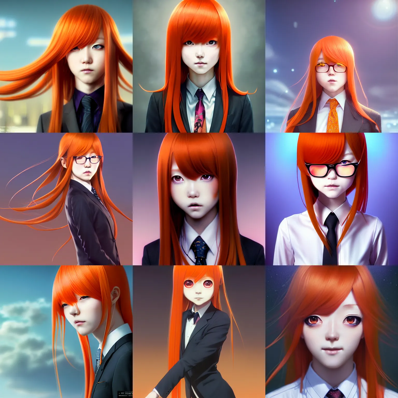 Prompt: futaba sakura, extremely long orange hair, hair down to floor, wearing a suit and tie, by tom bagshaw and ilya kuvshinov, rtx rendering, octane render 1 2 8 k, maya, extreme high intricate details by wlop, digital anime art by ross tran, medium shot, composition by sana takeda, dramatic lighting by greg rutkowski