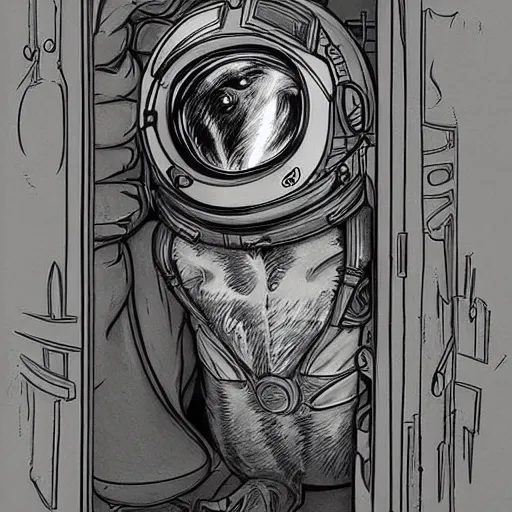 Prompt: golden ratoo, pencil art, space astronaut opening door that shows space and time created by stan lee with extra detail, epic.