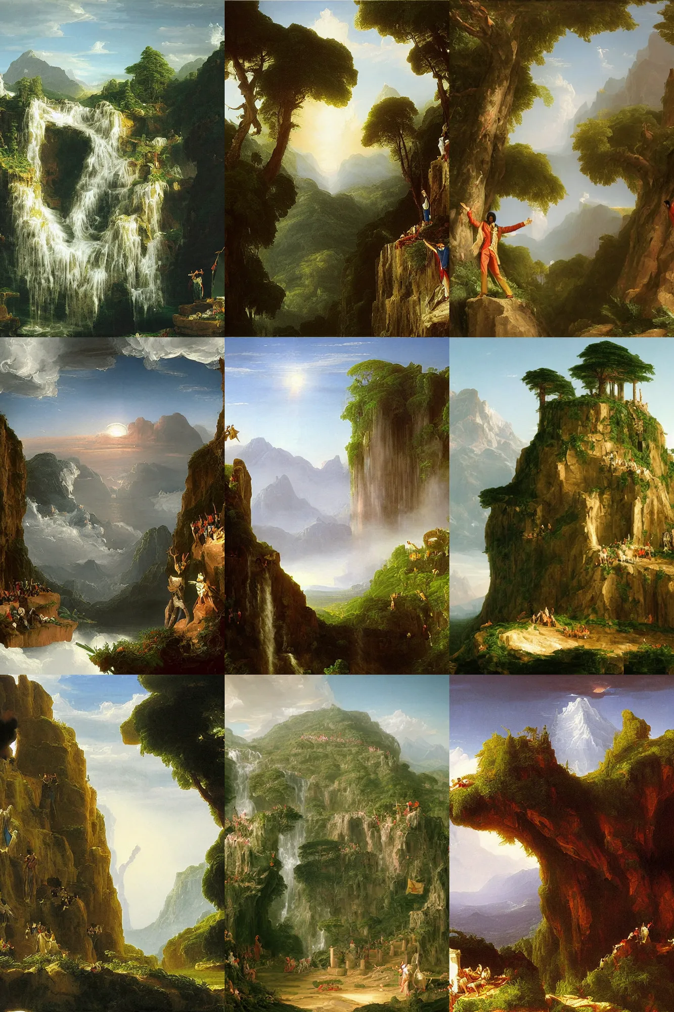 Image similar to a thomas cole naturalist style painting of michael jackson atop mount olympus with enormous columns on either side