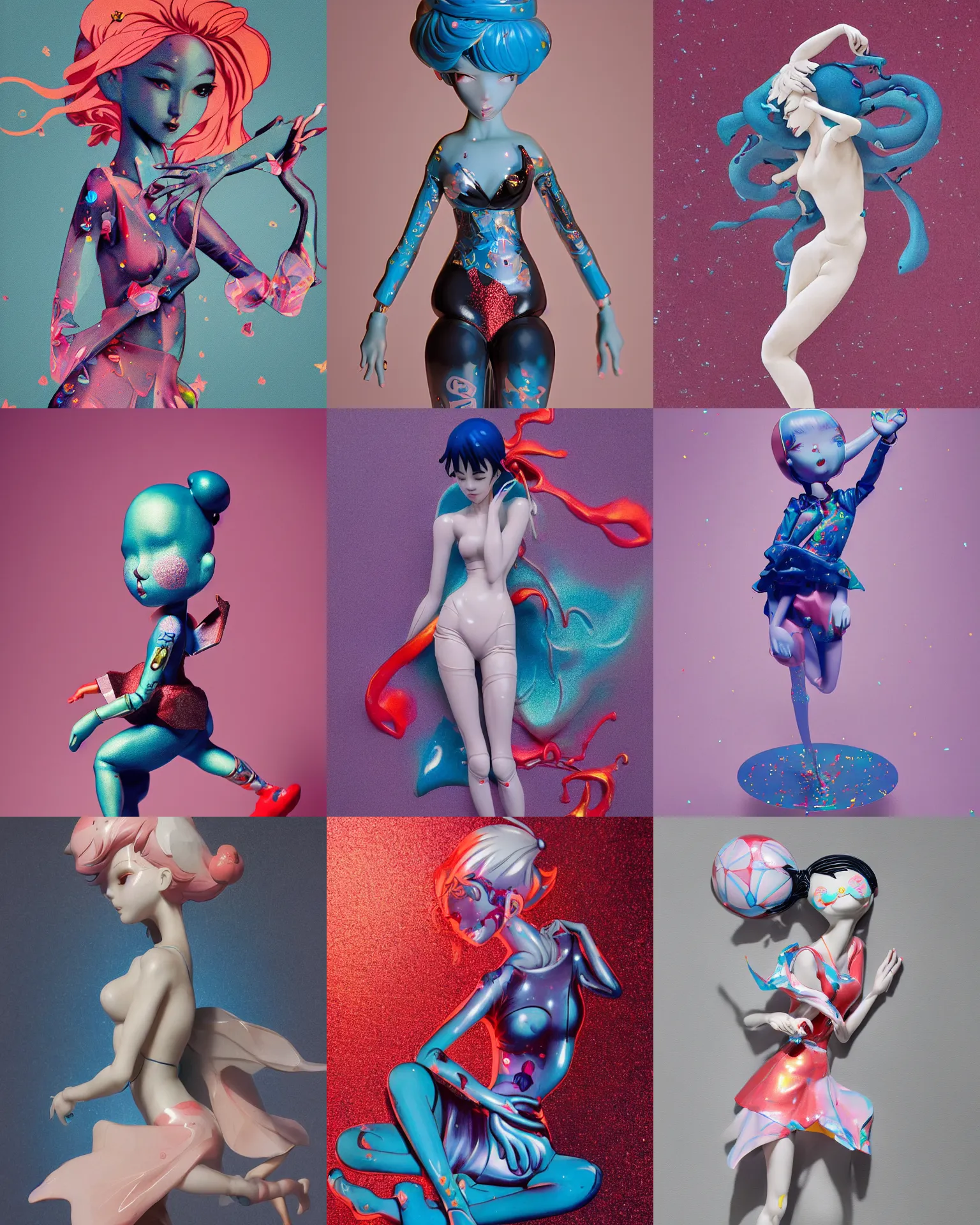 Prompt: james jean isolated vinyl figure cheerful tomboy, expert figure photography, dynamic pose, interesting color material effects holographic, glitter accents on figure, anime stylized, accurate fictional proportions, high delicate defined details, ethereal lighting