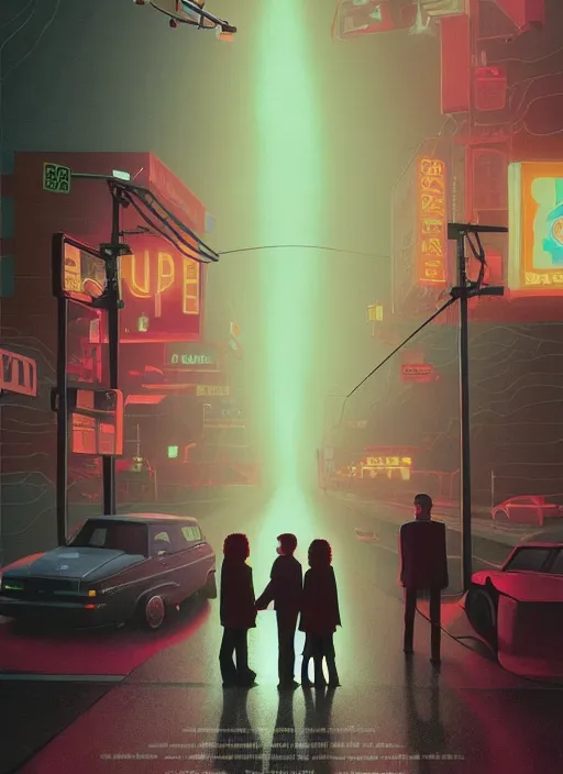 Prompt: Twin Peaks poster artwork by Michael Whelan and Tomer Hanuka, Rendering of teenagers dancing in the glow of the traffic lights hanging from above from scene from Twin Peaks, full of details, by Makoto Shinkai and thomas kinkade, Matte painting, trending on artstation and unreal engine