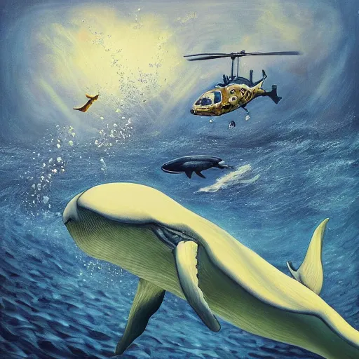 Image similar to an modern hyperrealistic painting, under the sea, helicopters flying underwater around a big whale