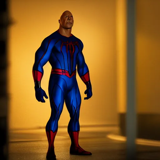 Image similar to dwayne johnson as a black and blue suit spider - man, cinematic, volumetric lighting, f 8 aperture, cinematic eastman 5 3 8 4 film, photorealistic
