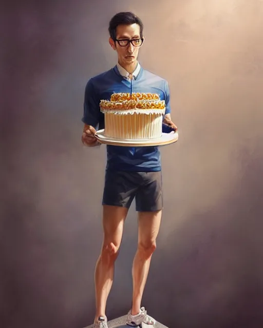 Prompt: portrait of a short man wearing glasses & cycling shorts with a birthday cake, gay, elegant, real life skin, intricate, high detailed, artstation, concept art, smooth, sharp focus, art by artgerm and greg rutkowski