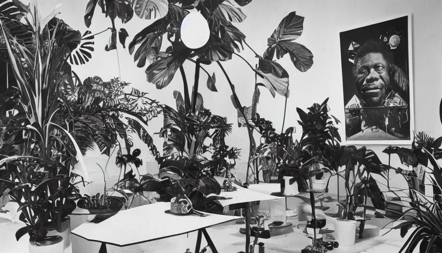 Prompt: A black and white photography of an exhibition space with objects of Sun Ra, Marcel Duchamp and tropical plants, 60s, offset lithography print, newspaper, distant shot, minimalist