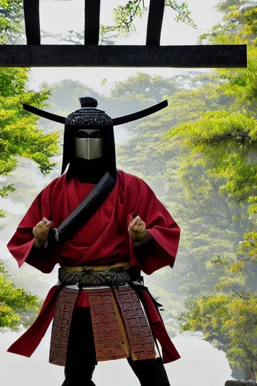 Image similar to a godlike and indomitable masked and helmeted samurai posing with their katana before a Torii gate with pride, the rising sun in the background. Photo realistic. Award winning