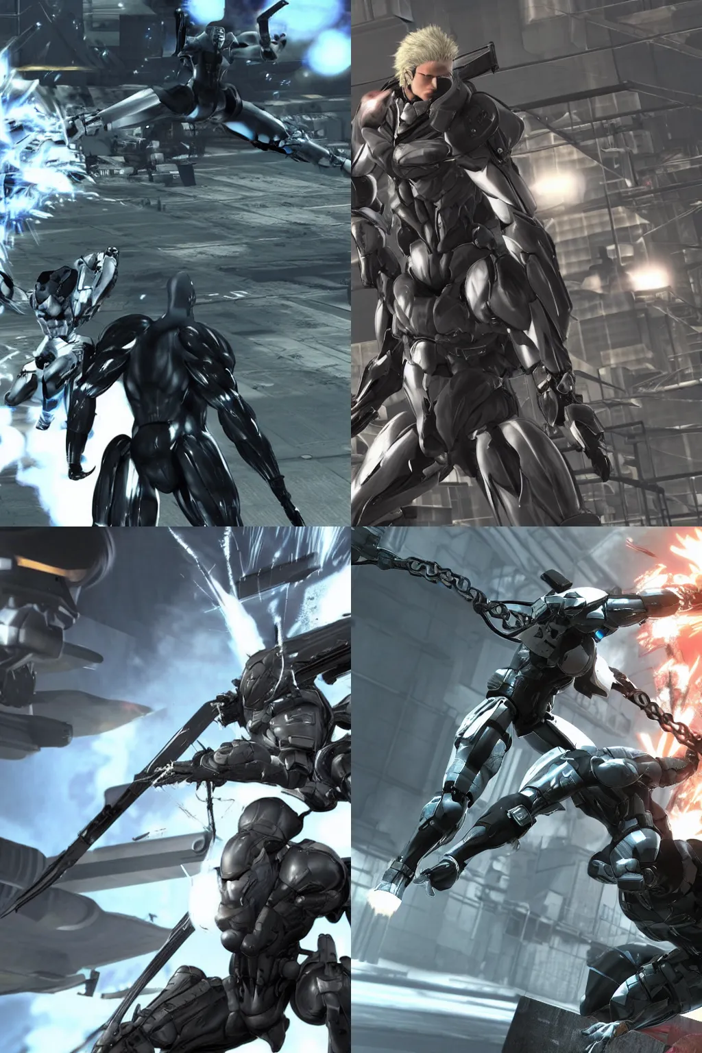 Prompt: Metal Gear Rising Character in Flying Fortress, Press Photo of amazing render, ultra-high-detail, Kojima design