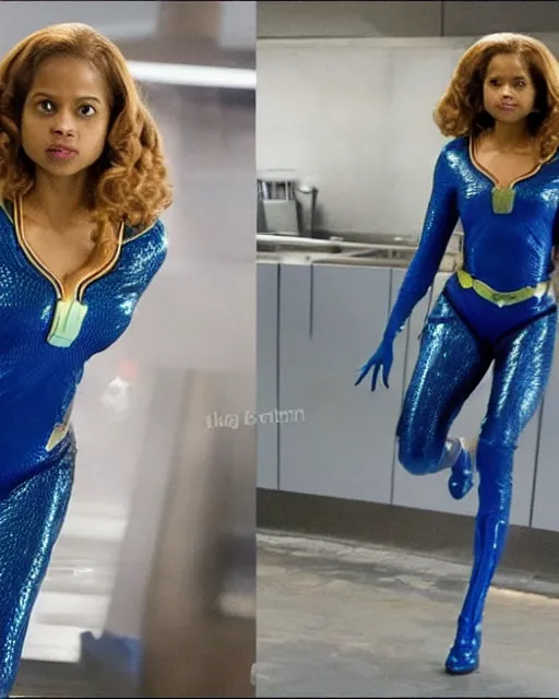 Image similar to beautiful actress gugu mbatha - raw dressed superhero sue storm in live action fantastic four movie, gugu is practicing creating a giant iridescent soap like bubble force field around her body. she is wearing sue storm ’ s invisible woman costume