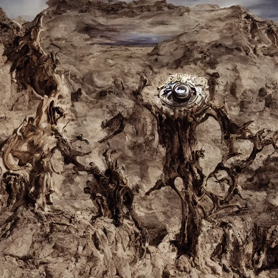 Image similar to portrait of salvador dali wearing a horned crown and jewels in a dry rocky desert landscape, alien spaceship by giger in the landscape, film still from the movie by alejandro jodorowsky with cinematogrophy of christopher doyle and art direction by hans giger, anamorphic lens, kodakchrome, very detailed photo, 8 k