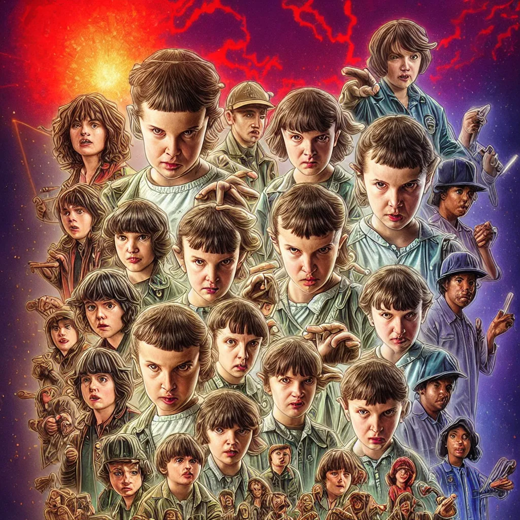 Image similar to Stranger things season 5, highly detailed, digital painting, artstation, concept art, smooth, sharp focus, illustration, ArtStation, art by artgerm and greg rutkowski and alphonse mucha and J. C. Leyendecker and Edmund Blair Leighton and Katsuhiro Otomo and Geof Darrow and Phil hale and Ashley wood and Ilya repin and Charlie Bowater