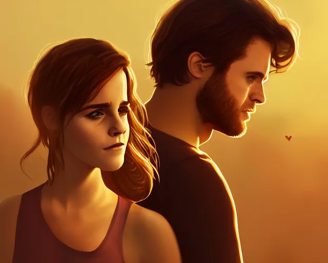 Prompt: seth rogan and emma watson in a peaceful wasteland, golden hour, digital art, loving embrace, trending on artstation