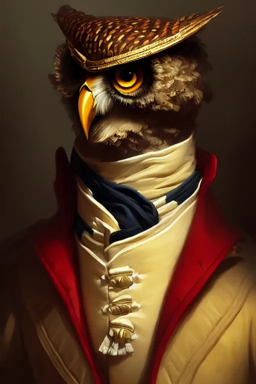 Image similar to portrait of an anthropomorphic owls as napolean bonaparte, dramatic lighting, highly detailed, digital painting, artstation, concept art, smooth, sharp focus, illustration, art by wlop, mars ravelo and greg rutkowski