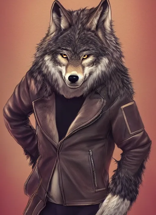 Image similar to award winning beautiful portrait commission of a male furry anthro wolf fursona with a bushy tail and a leather jacket, cute, beautiful, attractive, detailed,