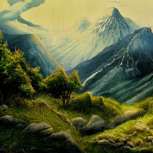 Image similar to painting lord of the rings dramatic landscape, forrest