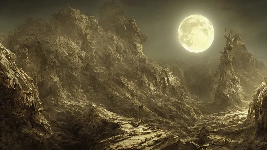 Image similar to eerie atmospheric alien moon by yoann lossel and stephan martiniere, cinematic matte painting